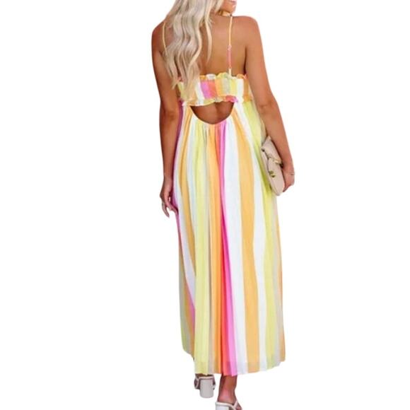 Vici Rainbow Maxi Dress Size S Smocked Cutout Pleated Resort Style - Picture 2 of 11